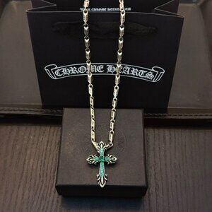 Chrome Hearts Silver Necklace with Green Cross Pendant